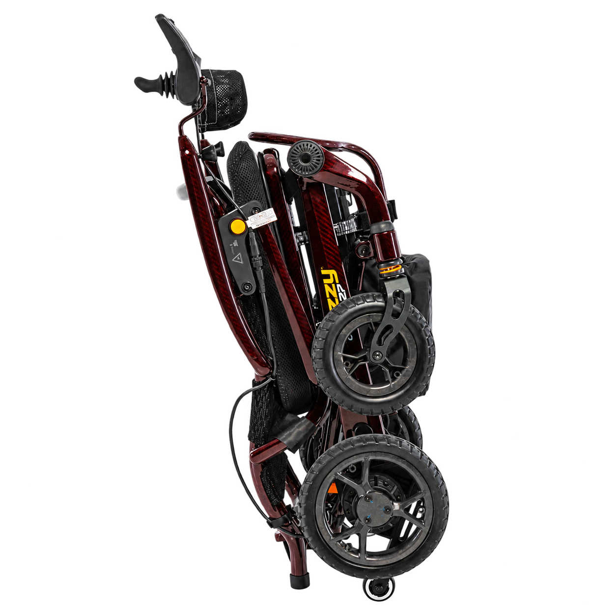 Pride Jazzy Carbon 27 power wheelchair in Black Cherry, folded for transport